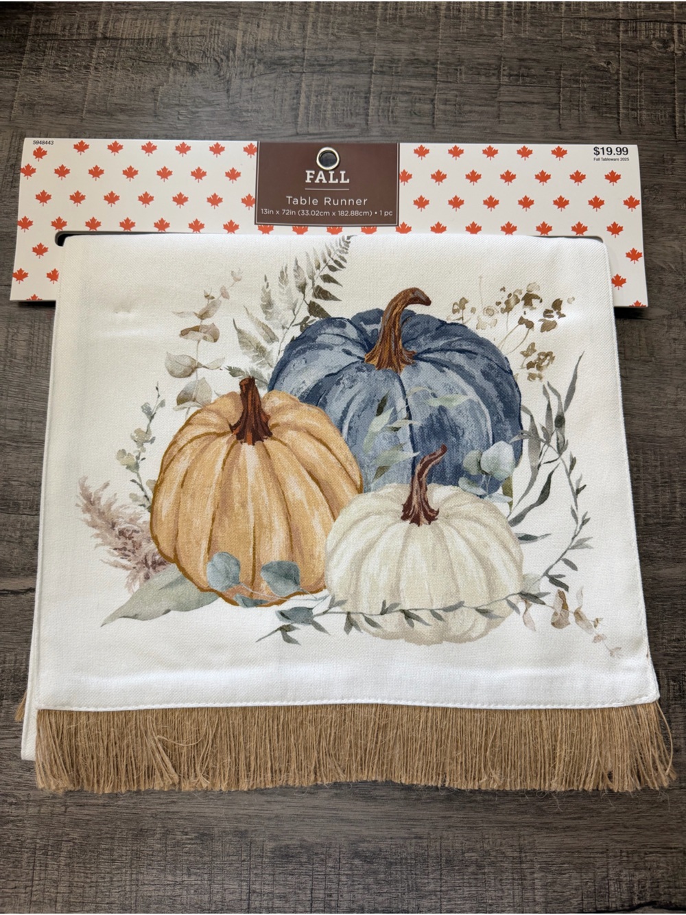 Fall Table Runner with Blue, Cream & Tan Pumpkins